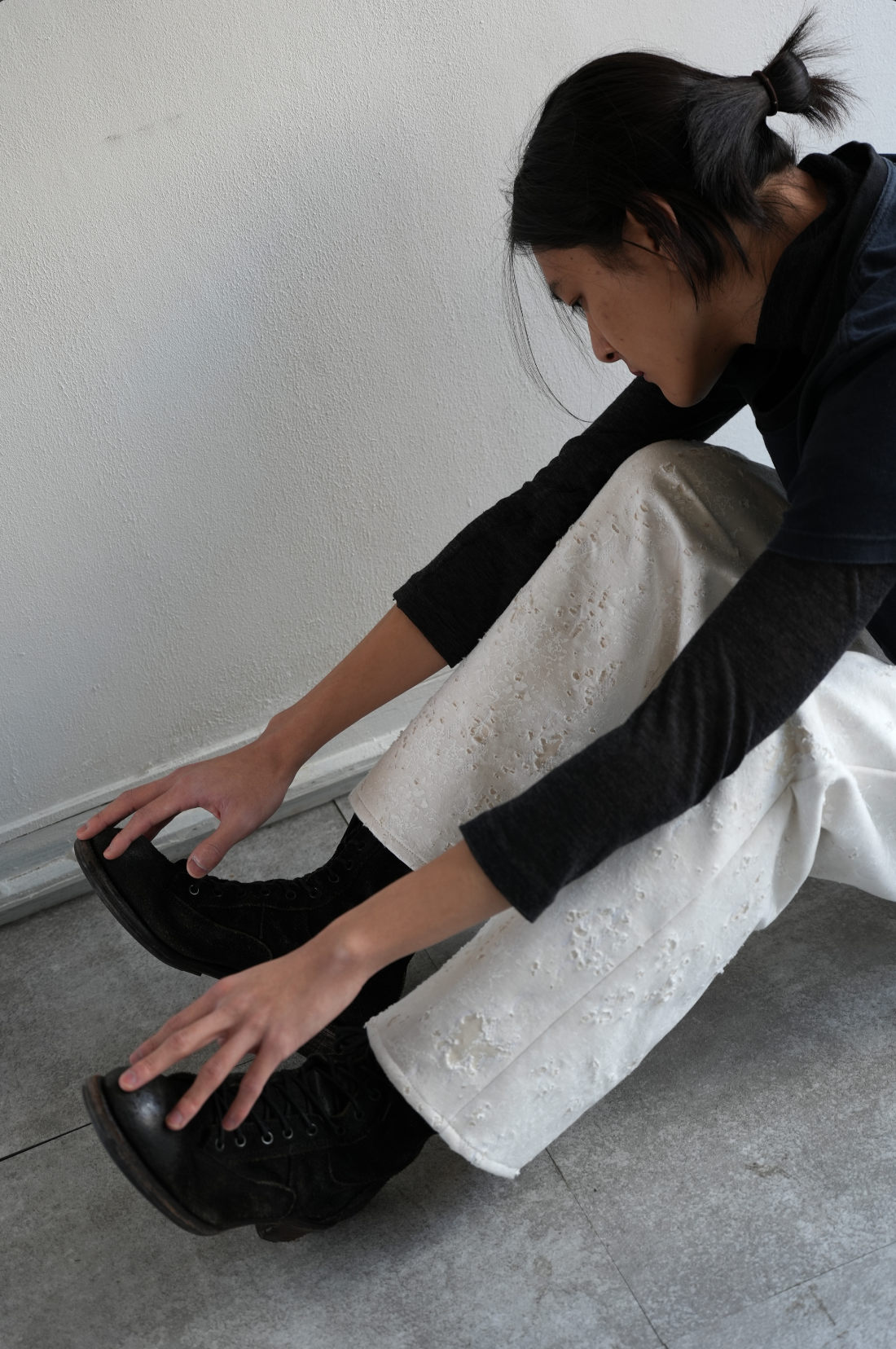 Flower Pattern Rubber Printing Damage Denim【White】FPR001-WH